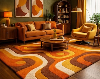 Tapete felpudo ondulado estilo anos 70 – Tapete retrô abstrato tufado, decoração boho de meados do século