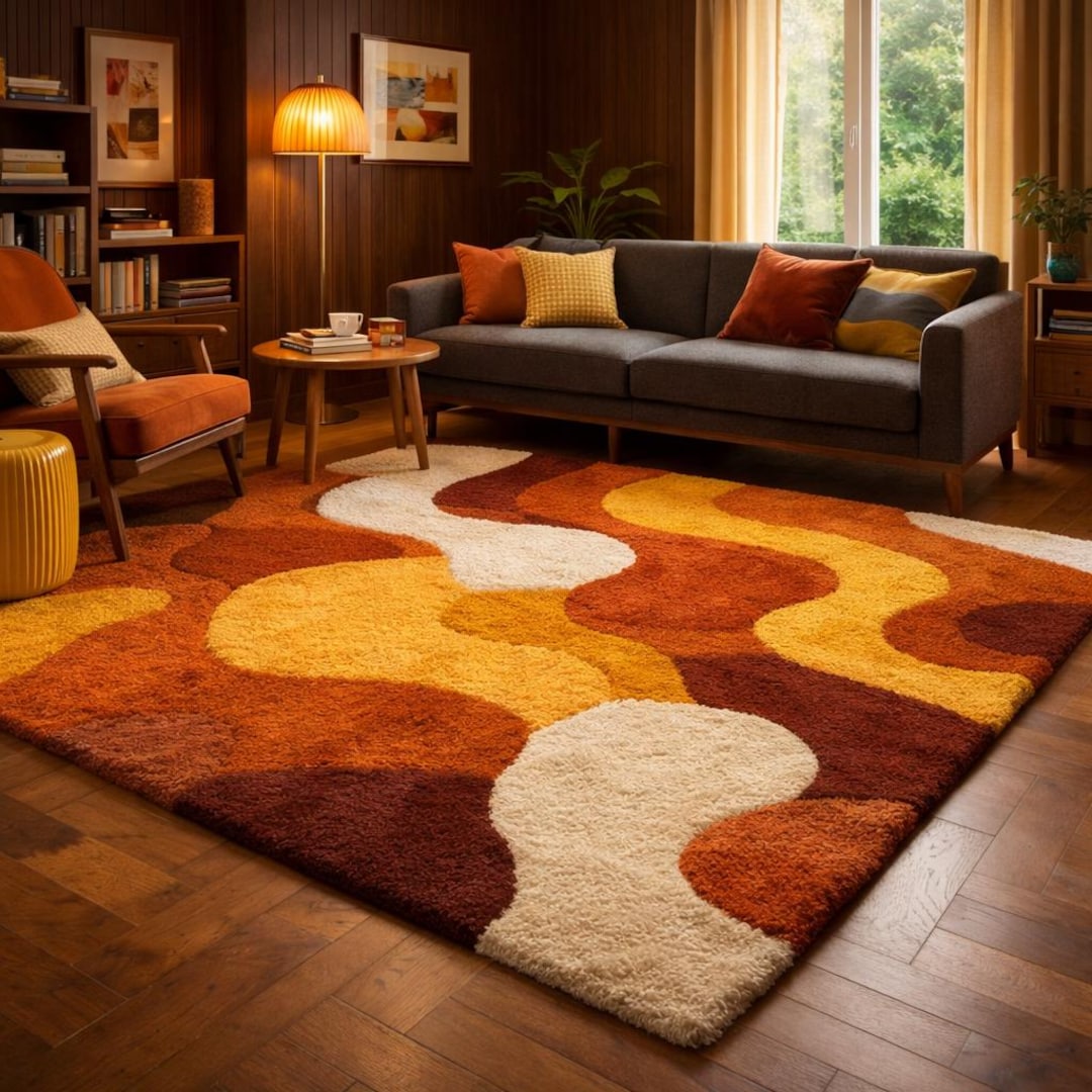70s Rug Patterns Hand Tufted Wool Area Rug | 70s Retro Abstract Design - Etsy