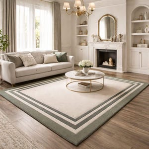 May include: A rectangular area rug with a cream-colored center and a border featuring two gray stripes and a sage green edge. The rug is placed in a living room with a sofa, coffee table, and fireplace.