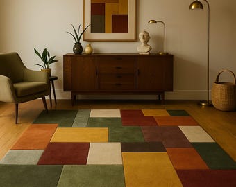 Handmade Geometric Area Rug | Mid Century Modern Color Block Carpet