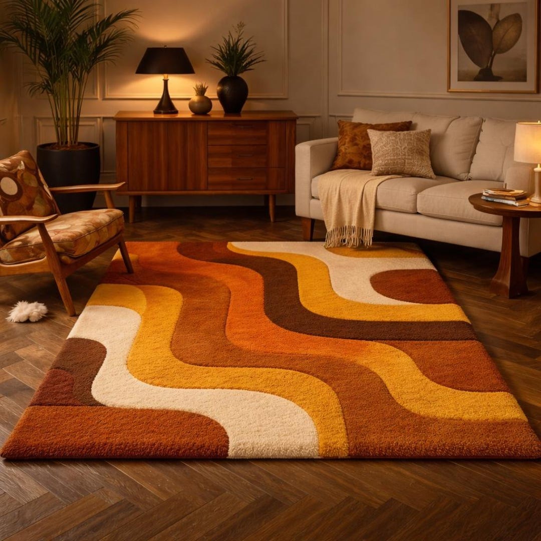 Hand Tufted Shag Rug | 70s Retro Abstract Wave, Goldish Yellow - Etsy