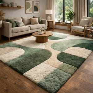 Könnte beinhalten: Ein großer, rechteckiger Teppich mit einem geometrischen Muster in Grün-, Beige- und Weißtönen. Der Teppich liegt auf einem Holzboden und ist von Möbeln umgeben, darunter ein Sofa, Stühle und ein Couchtisch. Der Teppich verleiht dem Raum Farbe und Textur.