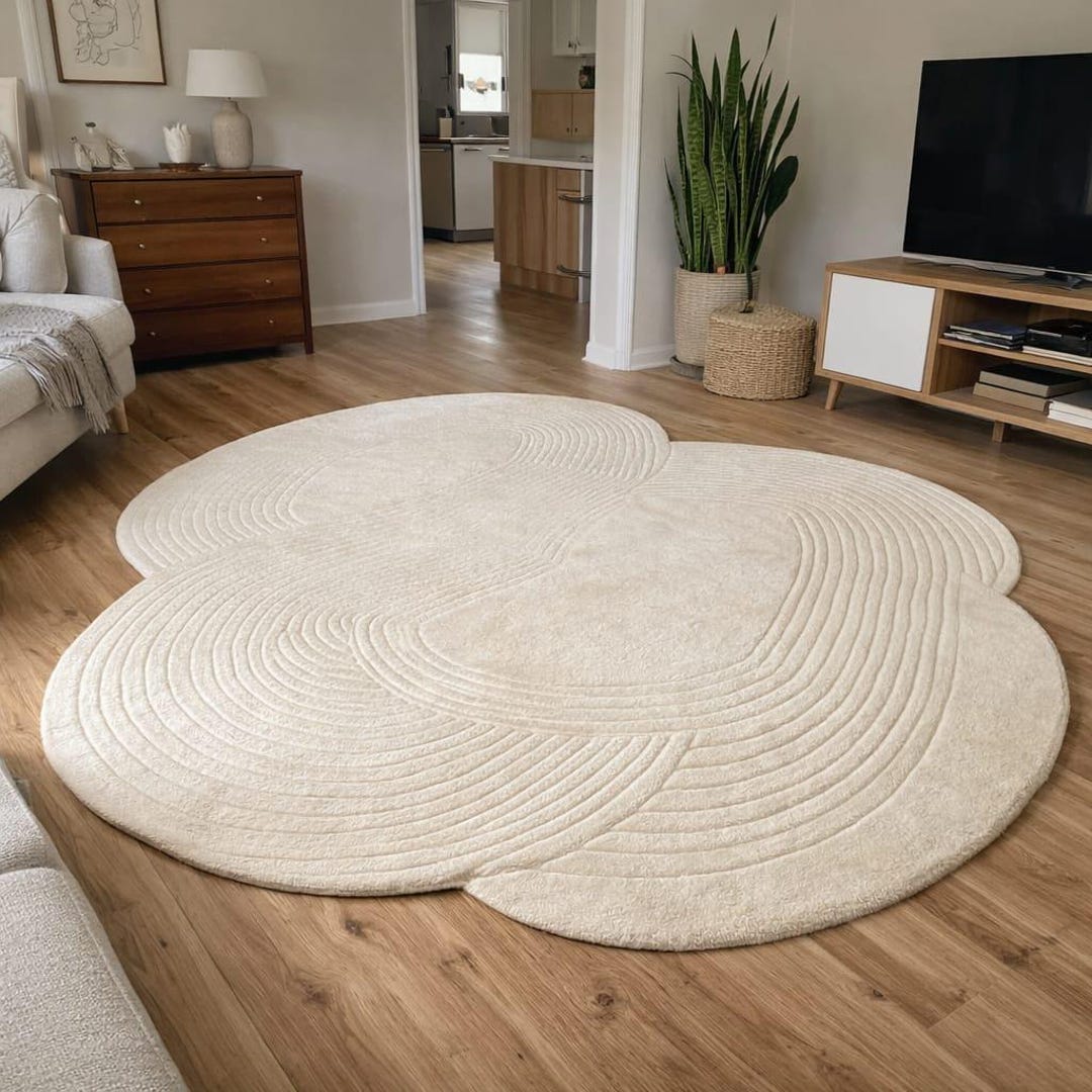 Pie Shape Rug Hand Tufted Sculptural Cream Rug - Irregular Shape Wool Area Minimalist ...