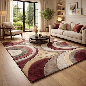 Burgundy Beige Curved Pattern Area Rug - Neutral Wine Cream Living Room Carpet