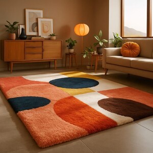 Puede incluir: Una colorida alfombra geométrica con un diseño moderno de mediados de siglo. La alfombra presenta formas grandes y suaves en tonos de naranja, melocotón, azul marino, amarillo, marrón y blanco. La alfombra está colocada en un salón con un sofá, una lámpara y muebles de madera.