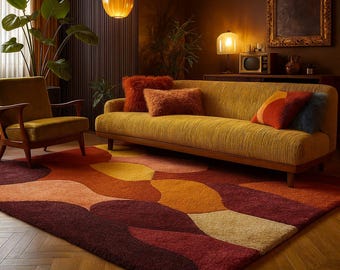 Handmade Retro Boho Area Rug | 70s Geometric Tufted Carpet