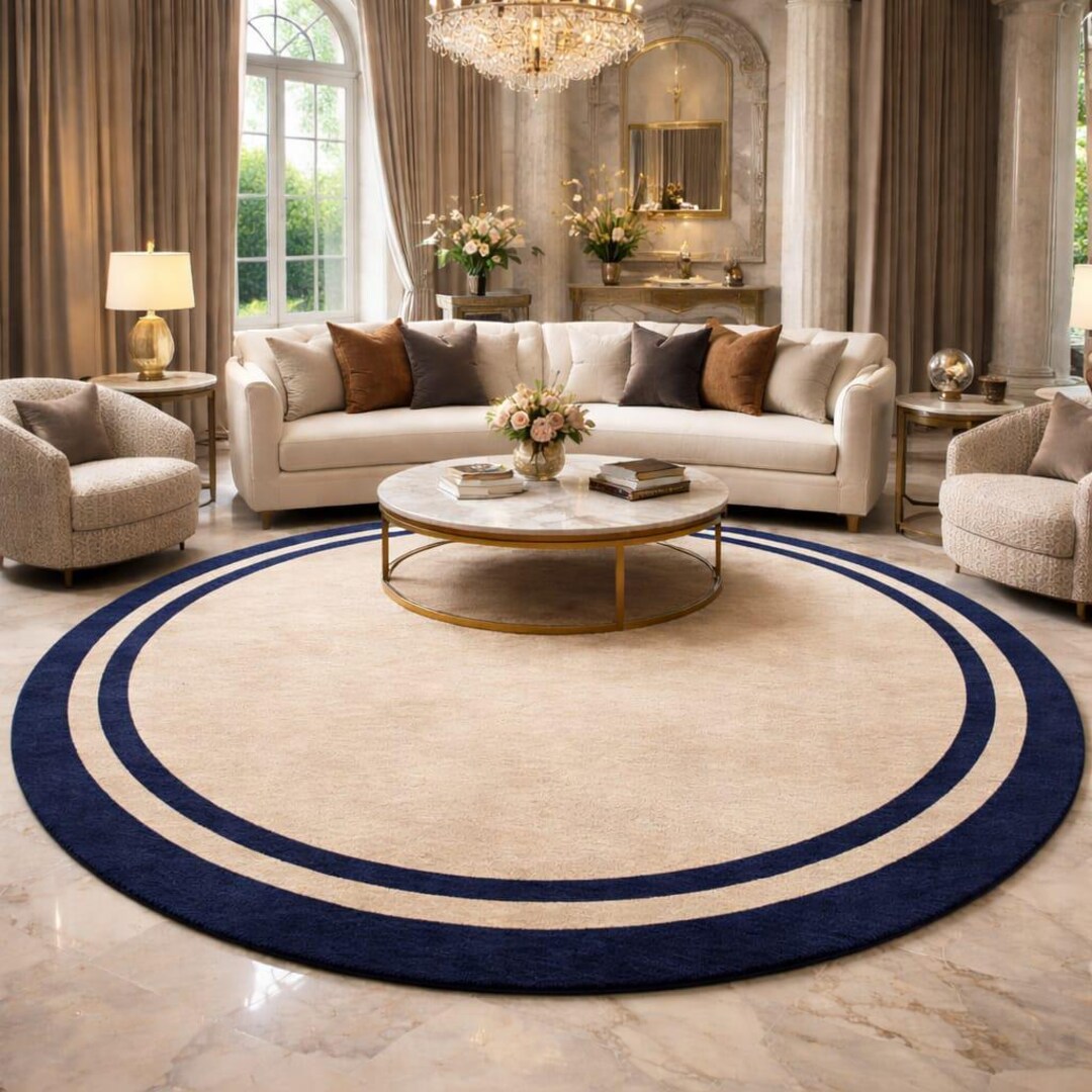 Luxury Round Border Rug – Hand Tufted Cream & Navy Border, Modern ...