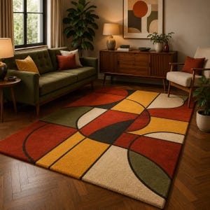 May include: A rectangular area rug featuring a geometric pattern of large circles and straight lines in shades of burnt orange, mustard yellow, olive green, and cream. The design is composed of bold, dark outlines separating the coloured shapes.