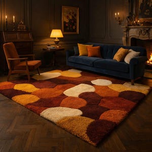 Könnte beinhalten: Ein großer, rechteckiger Teppich mit einem geometrischen Muster aus sich überlappenden Formen in Braun-, Orange- und Cremetönen. Der Teppich befindet sich in einem Wohnzimmer mit einem blauen Sofa, einem orangefarbenen Stuhl und einem Kamin.