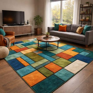 Alfombra Patchwork Color Block – Alfombra geométrica de mediados de siglo para sala de estar