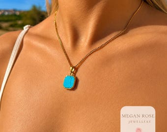 Halsband med blått turkossten, halsband i 18 karat guld, hänge med decembersten, minimalistiskt hänge i guld, halsband med alla hjärtans dag-smycken i present