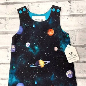 Baby & toddler harem romper • soft cotton/elastane stretch jersey • galaxy print • planets • galaxy • milky way • sizes from NB to 3yrs