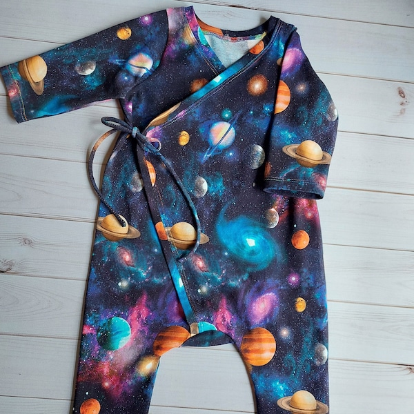 Baby wrap harem romper • soft organic cotton/elastane stretch jersey • bright solar  system • sizes from NB • made in Cornwall
