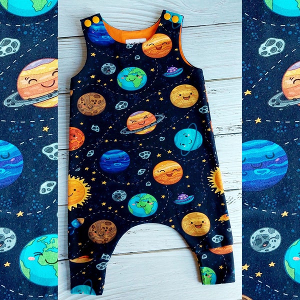 Baby & toddler harem romper • soft organic cotton/elastane stretch jersey • Happy solar system • size NB to 3yrs • Made in Cornwall