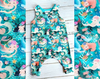 Baby & toddler harem romper • soft organic cotton/elastane stretch jersey • mermaids • sizes from NB to 3yrs • made in Cornwall