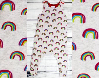 One off baby harem romper 12-18m • soft cotton/elastane stretch jersey • crayon rainbow • made in Cornwall • Ready to ship