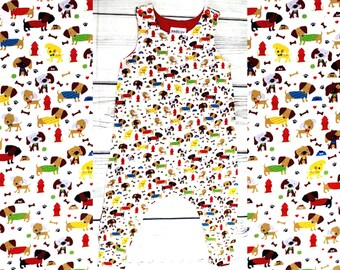 Baby & toddler harem romper 9-12m • soft cotton/elastane stretch jersey • Dogs print • made in Cornwall • Ready to ship