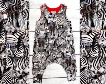 One off baby harem romper for 0-3m • soft organic cotton/elastane stretch jersey • Zebras • Made in Cornwall • Ready to ship