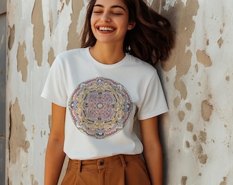 Camiseta gráfica de mandala abstracto, camiseta de arte circular simbólico, camiseta de mandala de geometría sagrada, camiseta gráfica artística unisex
