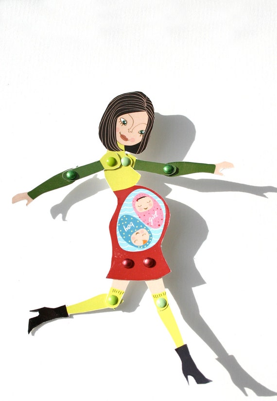 Items similar to Articulated pregnant paperdoll with green and red ...