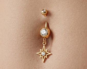 Silver North Star Belly Button Ring, Dangle Navel Piercing Jewelry Gift For Her
