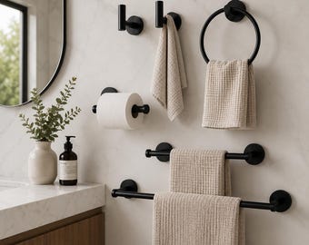 Solid Brass Bathroom Hardware Set, Modern Towel Bar, Ring, Hooks (Brushed Brass)