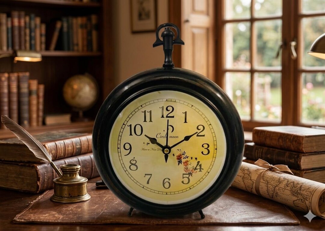 Rustic Timepiece Vintage Pocket Watch Style Clock – Floral Accents, Rustic Desk ...