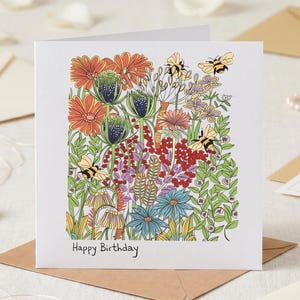 Boho Bee Art Card Whimsical Floral Pen and Ink Illustration Handmade Thank You Blank Stationery Cottagecore Nature Lover Note Card