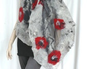 Nuno felted scarf silk and wool - Grey and red flowers shawl