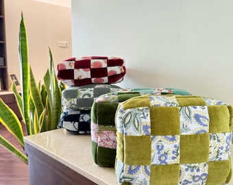 Conjunto de necessaires de veludo de algodão com estampa floral feita à mão – Organizador de cosméticos e itens de viagem em estilo patchwork boho