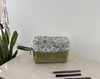 Handblock Cotton Toiletry Bag, Quilted Velvet Cosmetic Pouch