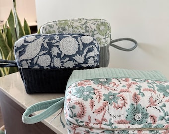 Hand Block Printed Cotton Quilted Makeup Bag: Travel Cosmetic Organizer