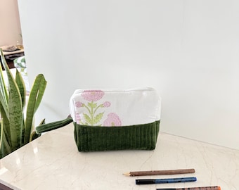 Hand Block Printed Cotton Toiletry Bag Set: Quilted Travel Accessory