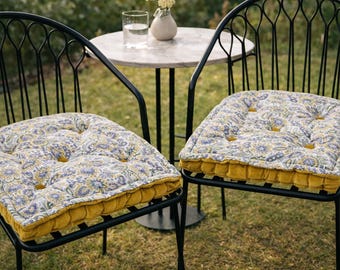 Tufted Chair Pad - Printed Cotton, Velvet Trim, Customizable