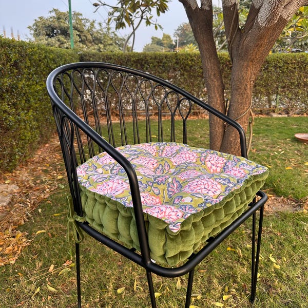 Printed Cotton Chair Pad with Velvet Trim - Tufted Seat Cushion