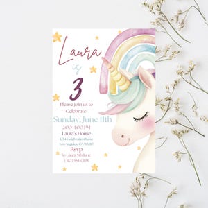 May include: A charming birthday invitation for Laura's 3rd birthday. The design includes a pastel rainbow, a unicorn with a golden horn, and the text "Laura is 3." The invitation also provides the date, time, and RSVP details.
