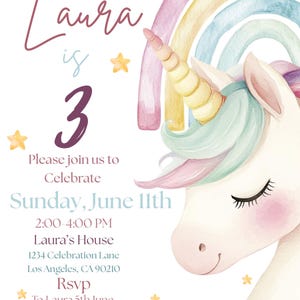 May include: A watercolour invitation for Laura's 3rd birthday. The design features a unicorn with a rainbow mane and a golden horn, a pastel rainbow, and star accents. The text includes the date, time, location, and RSVP information.
