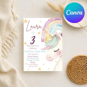 May include: A pastel-coloured birthday invitation featuring a unicorn with a rainbow mane and horn. The invitation reads "Laura is 3" with event details, including the date, time, and location. Gold stars decorate the invitation.