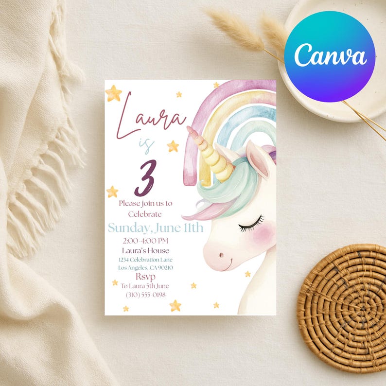 May include: A pastel-coloured birthday invitation featuring a unicorn with a rainbow mane and horn. The invitation reads "Laura is 3" with event details, including the date, time, and location. Gold stars decorate the invitation.