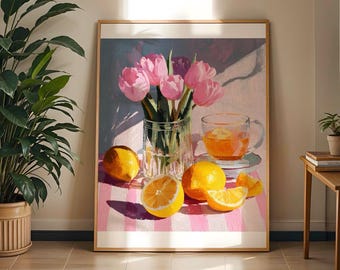 Tulip Still Life Wall Art Pink Flowers Lemon Painting Printable Kitchen Decor Modern Floral Art Spring Poster Dining Room Decor Art Print