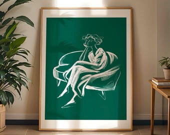 Minimalist Woman Line Art Wall Art Modern Female Illustration Printable Green Poster Scandinavian Living Room Bedroom Decor Elegant Art