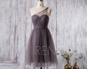Bridesmaid Dress Charcoal Gray Tulle Dress,Wedding Dress,One Shoulder Beaded Cocktail Dress,Illusion Sweetheart A-Line Party Dress(FS352)