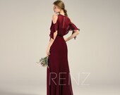 Bridesmaid Dress Burgundy Cold Shoulder Wine Prom Dress Long Ruffle Sleeve Key Hole Back Boat Neck Chiffon Dress (T232)