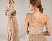 Bridesmaid Dress Pale Khaki Tulle Prom Dress One Shoulder Wedding Dress Illusion Sweetheart Party Dress Long A-line Slit Maxi Dress(HS749)
