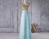 Party Dress Gold Sequin Bridesmaid Dress,Wedding Dress,Long Mint Blue Chiffon Prom Dress,One Shoulder Sleeveless A-line Formal Dress(TQ175)