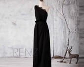 Prom Dress Black Bridesmaid Dress Illusion Lace Neck Wedding Dress One Shoulder Party Dress with Velvet Belt Draped Back Formal Dress(H155)