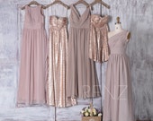 Cream Chiffon Mismatched Bridesmaid Dress V Neck Tan Sequin Dress Wedding Dress Strapless Sweetheart Evening Dress(H179 J025 LQ265 T112)