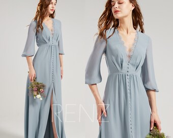 long sleeve dusty blue bridesmaid dresses