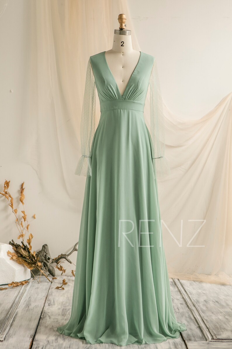 Bridesmaid Dress Sage Green Wedding Dress Illusion Tulle Long | Etsy