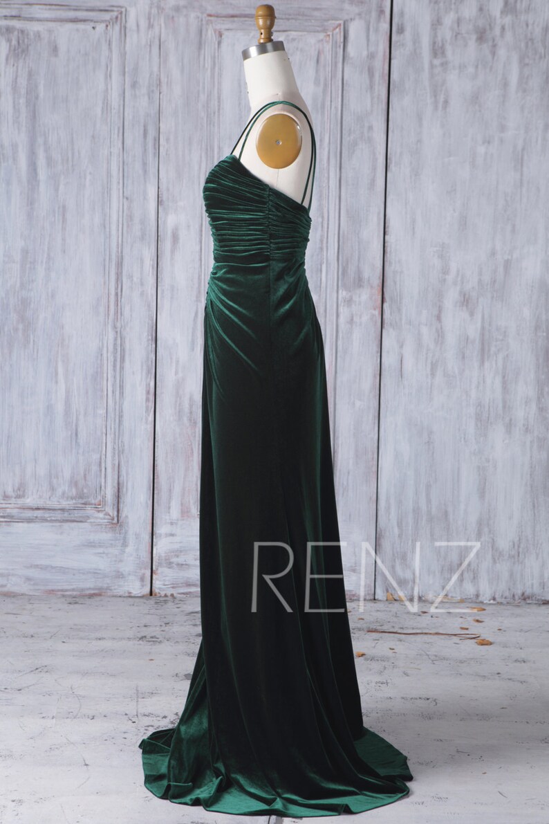 Velvet Bridesmaid Dress Dark Green Wedding Dress Ruched Etsy